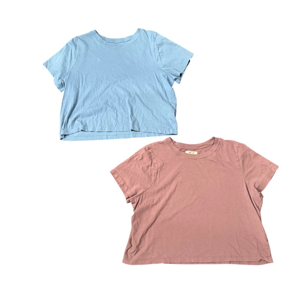 Madewell Womens Large 2 Piece Boxy Crop Tee Bundle Blue Mauve Cotton Essentials